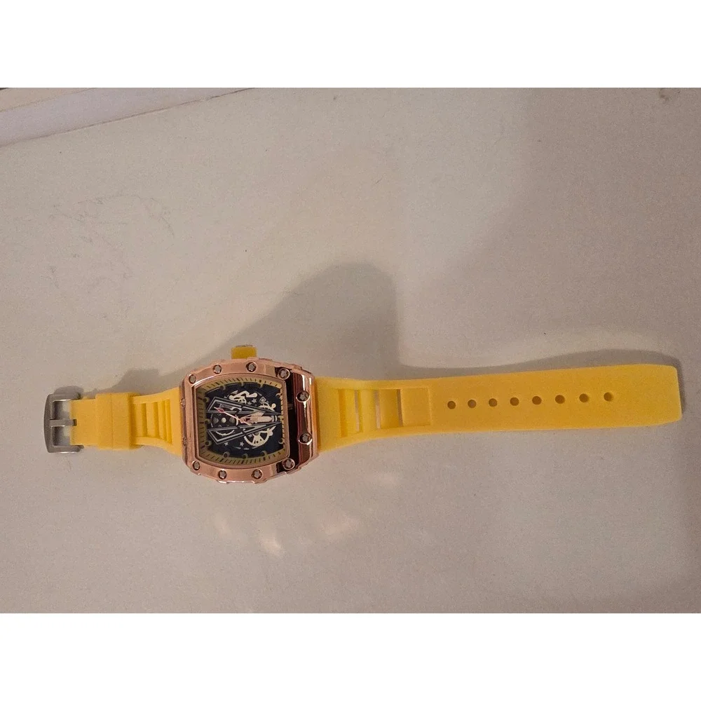 Rose Gold Tone Skeleton Dial Watch Yellow Silicone Strap Tonneau Case Sport